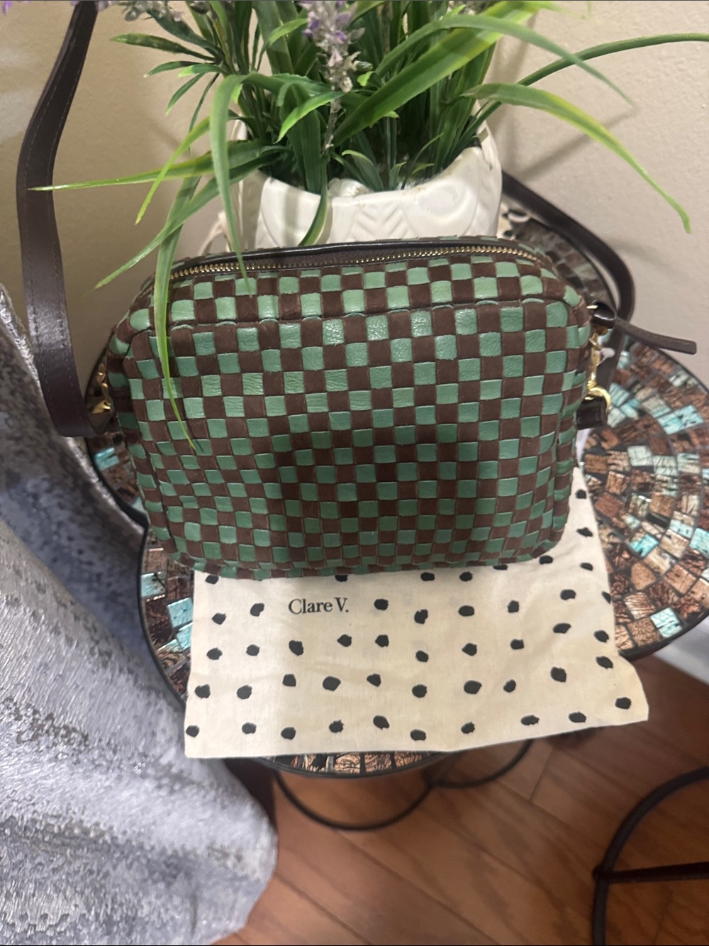 Clare V Brown & Green Checker Woven Crossbody Bag